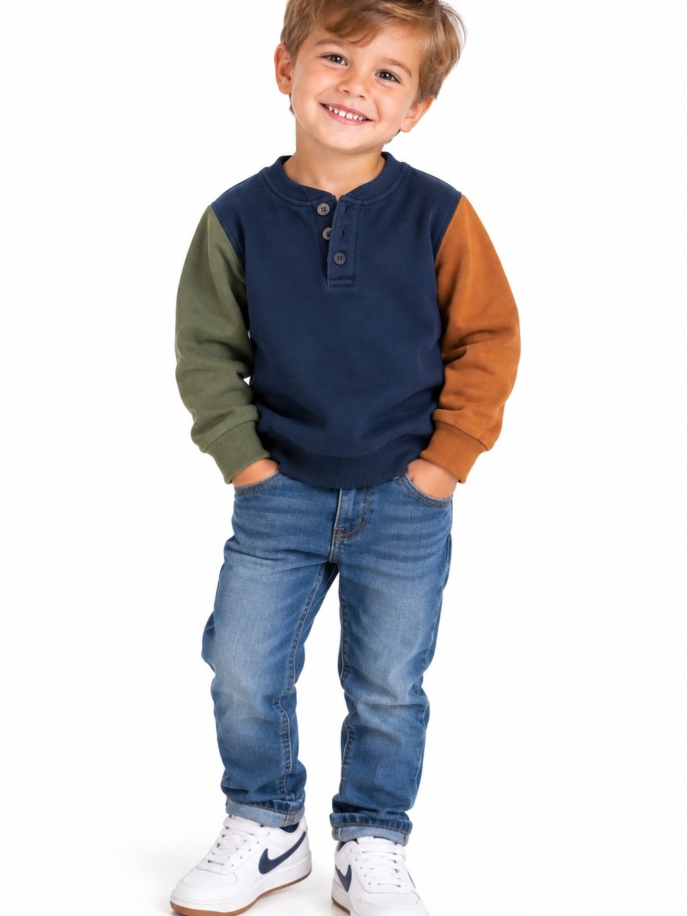 Old Navy Boys Navy Henley Sweatshirt with Olive & Rust Sleeves